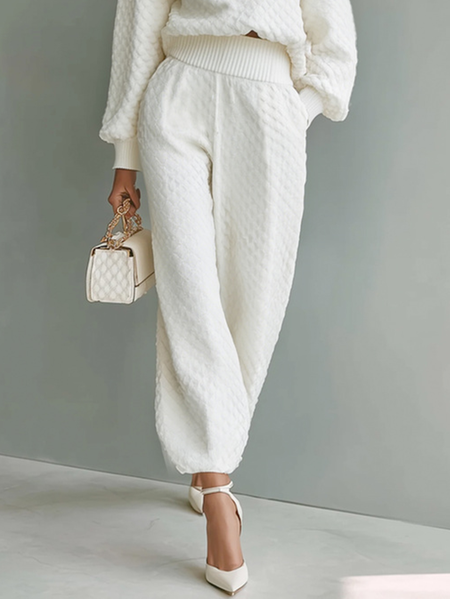 

Urban Plain Pockets Ankle Banded Sweater Pants, White, Pants