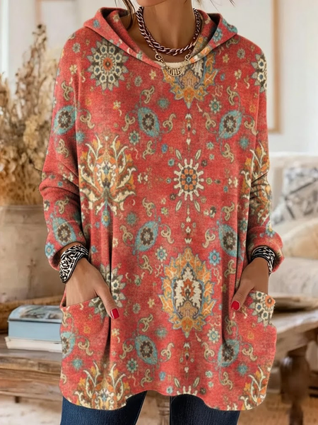 

Women Ethnic Printing Long Sleeve Vintage Daily Spring/Fall Hoodie, Red, Sweatshirts & Hoodies
