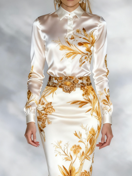 

Elegant Floral Shirt Collar Shirt, As picture, Blouses and Shirts