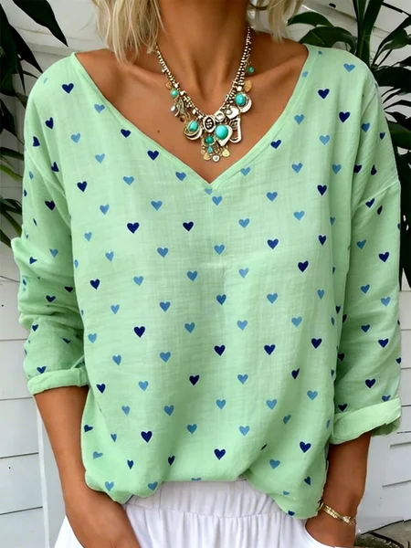 

Vintage Heart/Cordate V Neck Long Sleeve T-shirt, Green, T-shirts