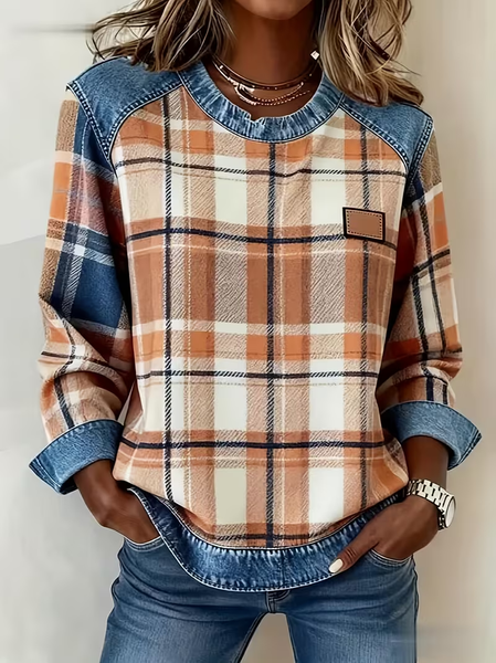 

Women Plaid Crew Neck Printing Vintage Spring/Fall Long Sleeve Sweatshirt, As picture, Sweatshirts & Hoodies