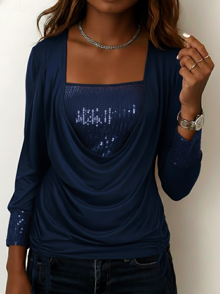 

Vintage Plain U-Neck Long Sleeve T-shirt, Navyblue, T-shirts