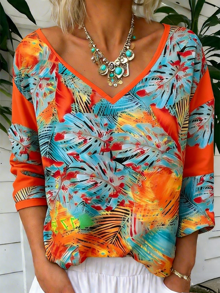 

Vintage Leaf V Neck Long Sleeve T-shirt, Orange, T-shirts