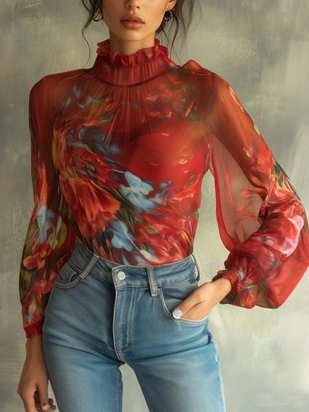 

Vacation Floral Printing Stand Collar Blouse, Red, Blouses and Shirts