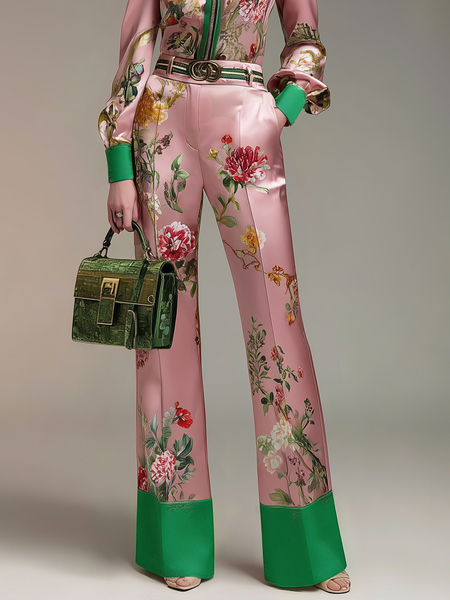 

Urban Floral Printing Straight Pants No Belt, Pink, Pants