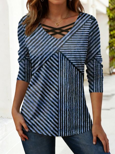 

Casual Geometric V Neck Long Sleeve T-shirt, Blue, T-shirts