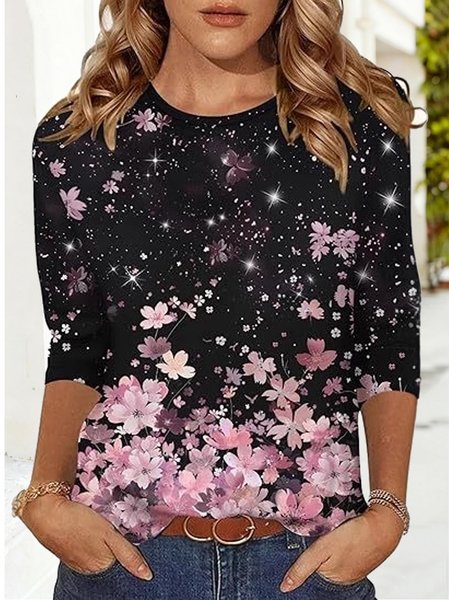 Elegant Ombre Crew Neck Three Quarter Sleeve T-shirt