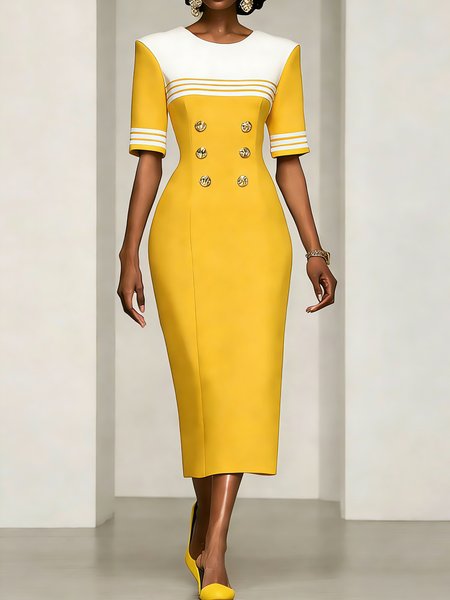 

Elegant Striped Zipper Crew Neck Midi Dress, Yellow, Midi Dresses