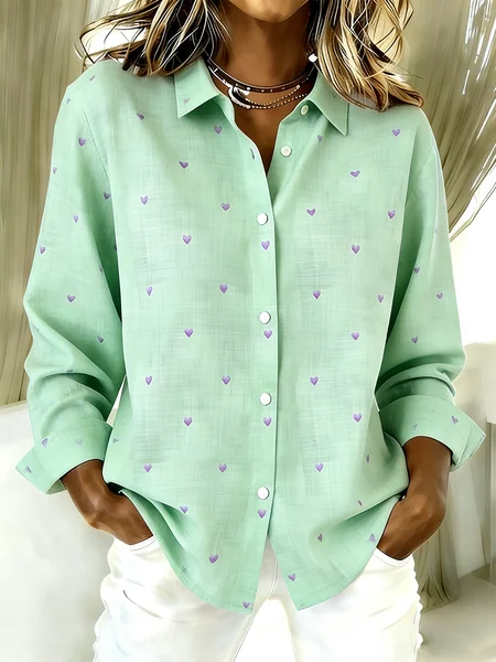

Shirt Collar Long Sleeve Heart/Cordate Regular Loose Shirt For Women, Green, Shirts