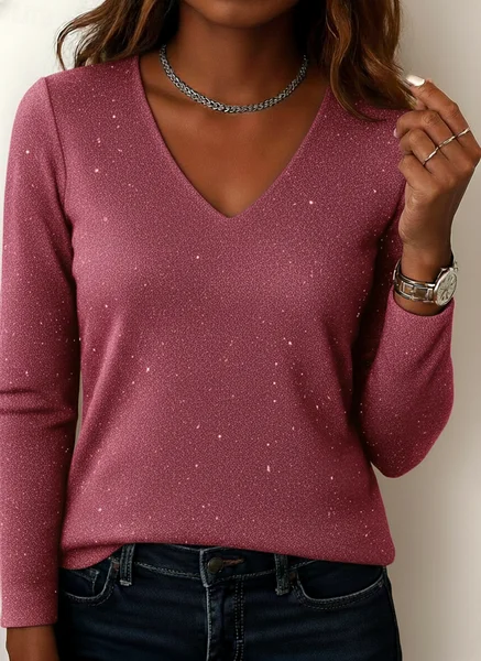 

Casual Plain V Neck Long Sleeve T-shirt, Rose red, T-shirts