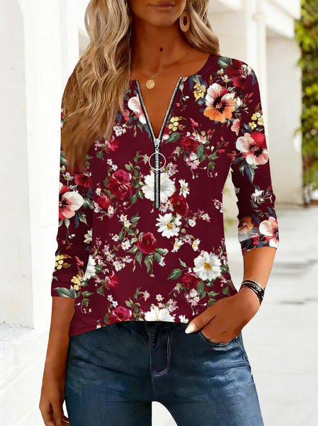 

Casual Floral V Neck Long Sleeve T-shirt, Wine red, T-shirts