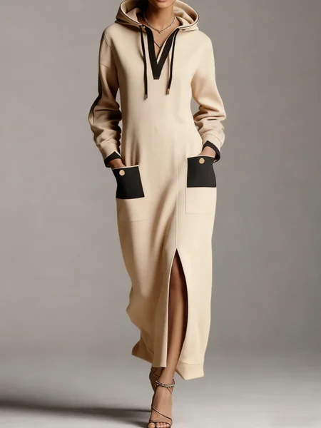 Casual Color Block Slit Hoodie Maxi Dress