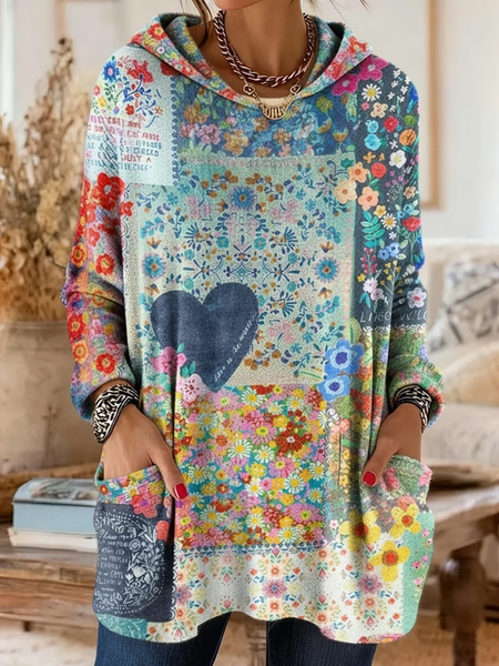 

Women Floral Printing Long Sleeve Vintage Daily Spring/Fall Hoodie, Blue, Sweatshirts & Hoodies