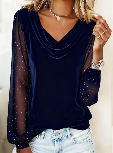 

Casual Plain V Neck Long Sleeve T-shirt, Dark blue, Blouses