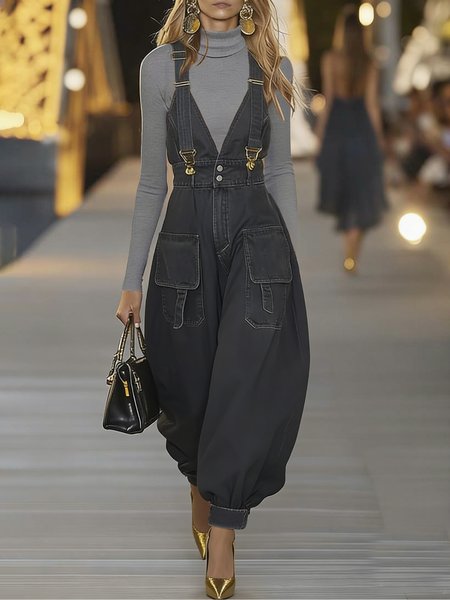 

Casual Denim Bib Pants, As picture, Jumpsuits