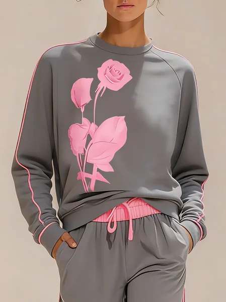 

Casual Floral Crew Neck Sweatshirt, Gray, Hoodies and Sweatshirts