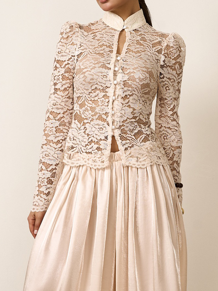 

Lace Elegant Plain Stand Collar Shirt, Apricot, Blouses and Shirts
