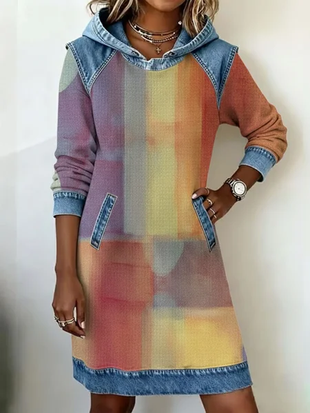 

Women Abstract Long Sleeve Hoodie Printing Dress Daily Vintage Midi H-Line Spring/Fall Dress, As picture, Casual Dresses