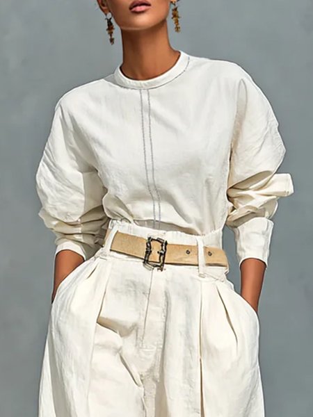 

Cotton And Linen Casual Plain Crew Neck Blouse, White, Blouses and Shirts