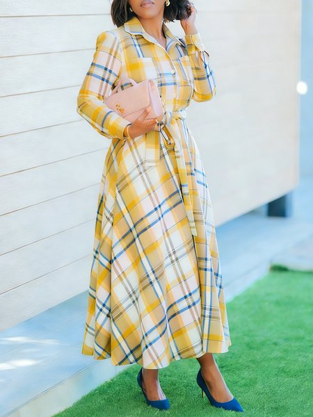 

Elegant Plaid Printing Shirt Collar Maxi Dress With Belt, Yellow, Maxi Dresses