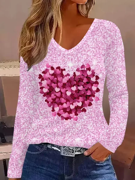

Women Heart/Cordate Long Sleeve Tee T-shirt V Neck Printing Casual Graphic Tee Spring/Fall Top, Pink, T-Shirts