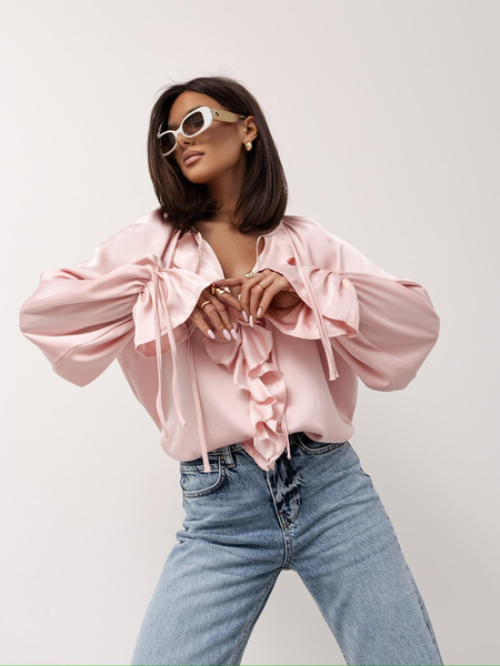 

Lotus Leaf Collar Long Sleeve Plain Color Regular Loose Blouse For Women, Pink, Shirts