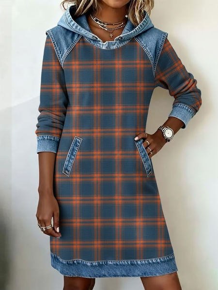 

Women Plaid Spring/Fall Printing Dress Hoodie Long Sleeve H-Line Dress, Blue, Dresses