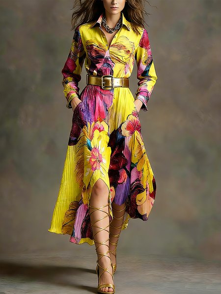 

Elegant Floral Printing Shirt Collar Midi Dress No Belt, Yellow, Midi Dresses