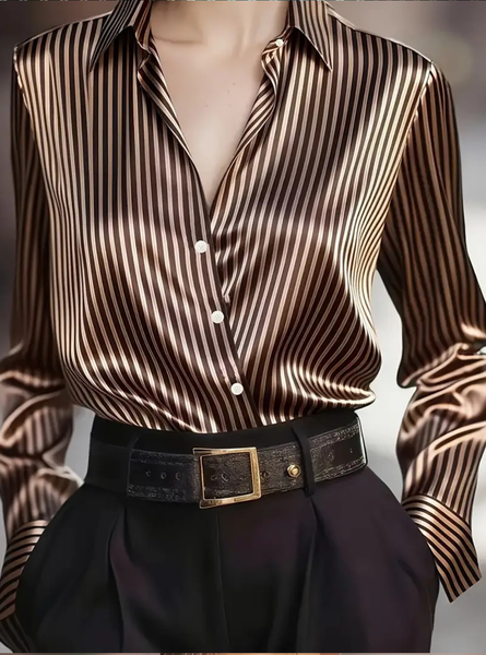 

Shawl Collar Long Sleeve Striped Regular Loose Shirt For Women, Brown, Shirts