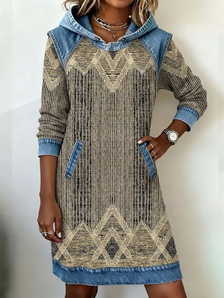 

Women Abstract Long Sleeve Hoodie Printing Dress Daily Vintage Midi H-Line Spring/Fall Dress, As picture, Casual Dresses
