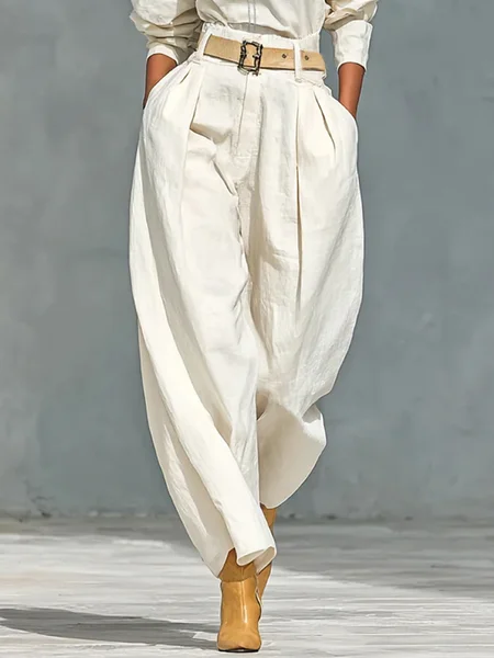 

Cotton And Linen Casual Plain Straight Pants No Belt, White, Pants