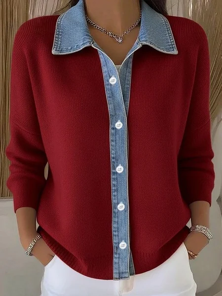 

Women Multicolor Block Printed Long Sleeve Shawl Collar Casual Spring/Fall Cardigan Outerwear, Red, Cardigans