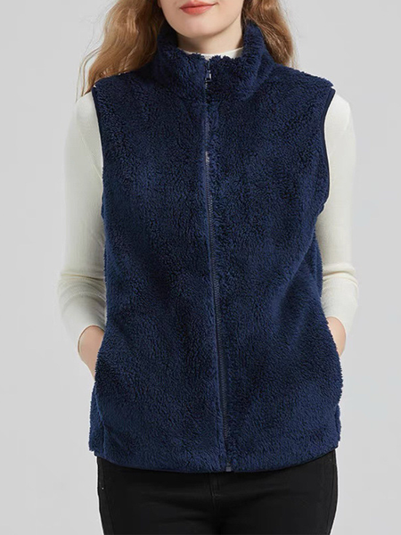 

Wool Regular Fit Mock Neck Basic Vest, Purplish blue, Vests & Gilets