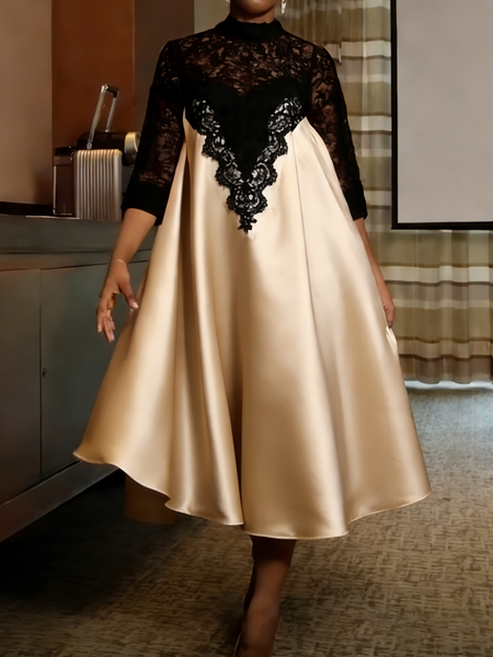 

Elegant Color Block Stand Collar Midi Dress, As picture, Midi Dresses