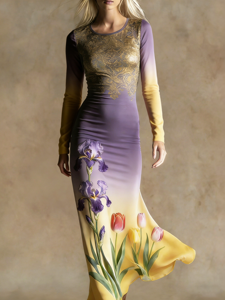 

Urban Floral Crew Neck Maxi Dress, As picture, Maxi Dresses