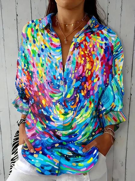 

Shirt Collar Three Quarter Sleeve Abstract Regular Loose Shirt For Women, Blue, Shirts