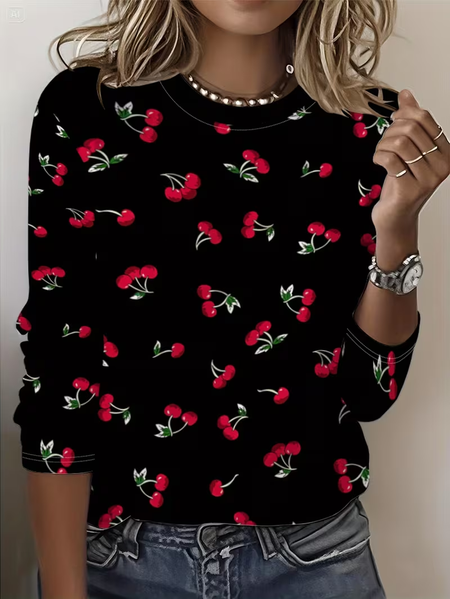 

Women Fruit Long Sleeve Tee T-shirt Crew Neck Printing Casual Graphic Tee Spring/Fall Top, Black, T-Shirts