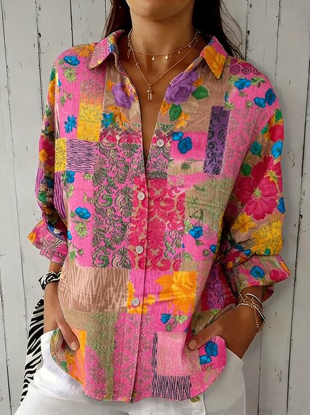 

Shirt Collar Three Quarter Sleeve Abstract Regular Loose Shirt For Women, Pink, Shirts