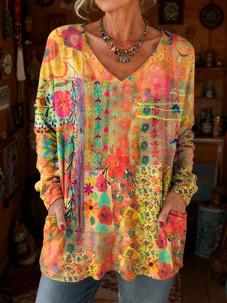 

Women Floral Long Sleeve Tee T-shirt V Neck Printing Vintage Spring/Fall Top, Yellow, T-Shirts