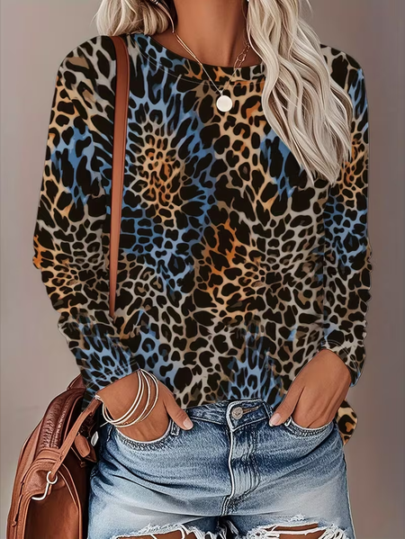 

Women Leopard Long Sleeve Tee T-shirt Crew Neck Printing Casual Graphic Tee Spring/Fall Top, Brown, T-Shirts
