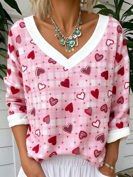 Casual Leaf V Neck Long Sleeve T-shirt