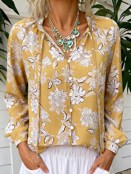 

Long Sleeve Floral Lightweight Loose Shirt For Women, Yellow, Shirts