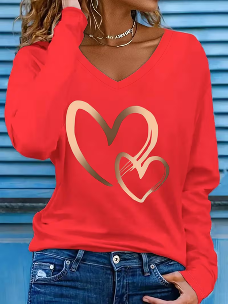 

Women Heart/Cordate Long Sleeve Tee T-shirt V Neck Printing Casual Graphic Tee Spring/Fall Top, Red, T-Shirts