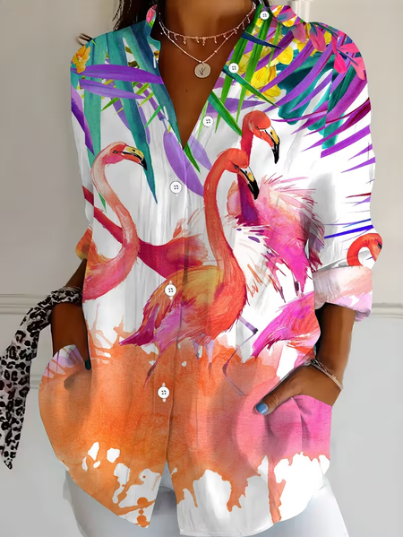 

Women Flamingo Shirt Collar Long Sleeve Shirt Buckle Regular Sleeve Casual Daily Spring/Fall Top, As picture, Shirts
