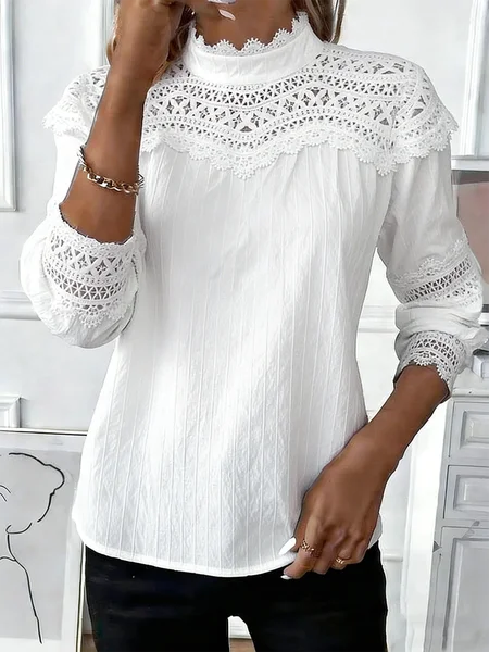 

Cotton-Blend Stand Collar Loose Elegant Shirt, White, Blouses & Shirts