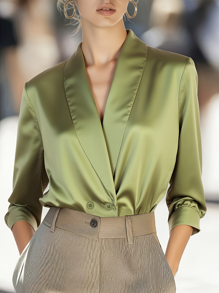 

V Neck Long Sleeve Plain Regular Loose Shirt For Women, Green, Shirts