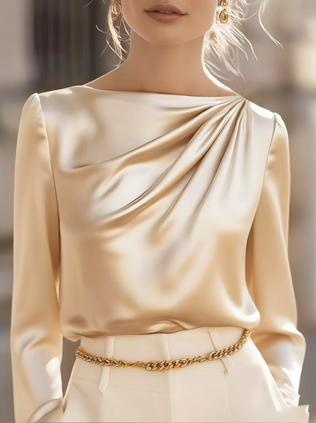 Boat Neck Long Sleeve Plain Regular Loose Shirt For Women