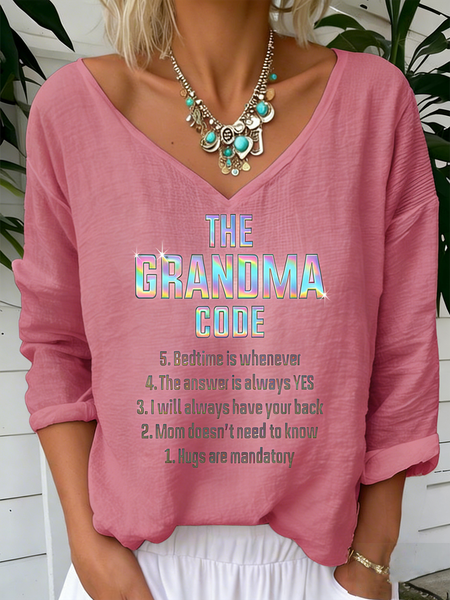 

Vintage Letter Pattern V Neck Long Sleeve T-shirt, Pink, T-shirts