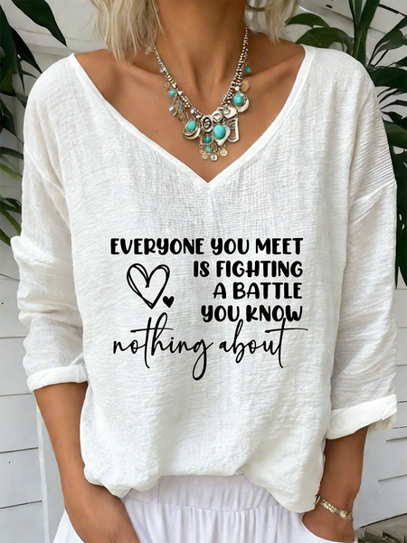 

Women Letter Pattern Long Sleeve Tee T-shirt V Neck Vintage Spring/Fall Top, White, T-Shirts