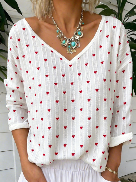 

Vintage Heart/Cordate V Neck Long Sleeve T-shirt, White, T-shirts